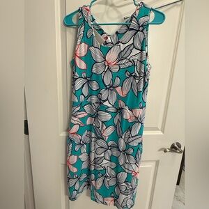 Talbots Teal Floral Midi Dress with Coral Accents